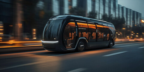 Fototapeta premium Autonomous bus driving in the city. Passenger bus of the future. Electric passenger bus.