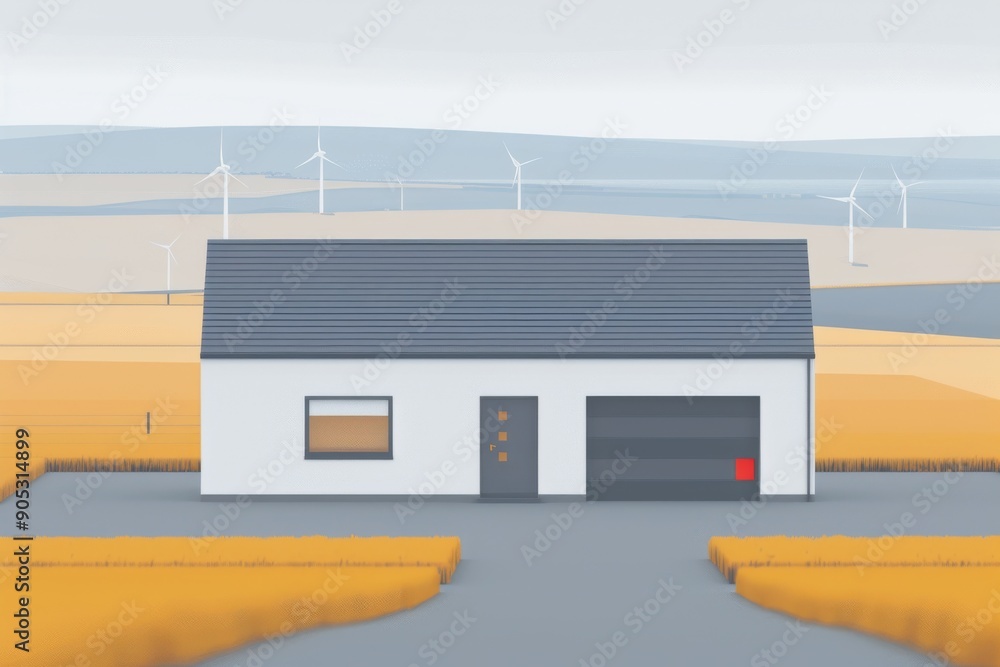 Poster minimalist industrial warehouse with simple geometric design, emphasizing space and functionality in