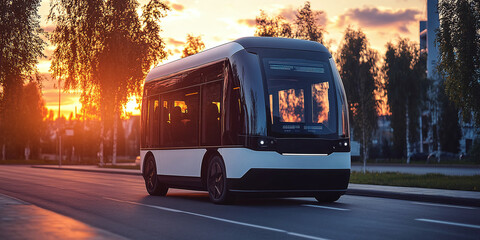 Obraz premium Autonomous bus driving in the city. Passenger bus of the future. Electric passenger bus.