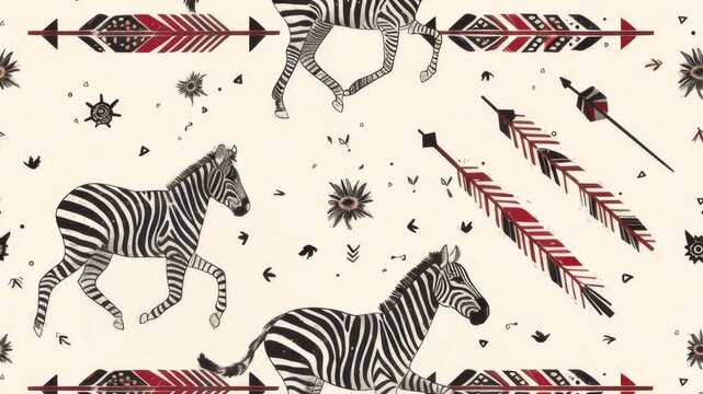Running zebra animals with arrows around seamless loop background moving animated video