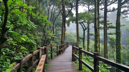 Fototapeta premium Beautiful view of boardwalks through the green forest at Alishan Forest Recreation Area in Chiayi Taiwan : Generative AI