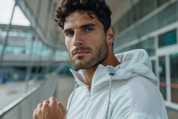 Obraz premium A man in a white hoodie, outdoors in an urban setting, looking focused and engaged, signifying a sense of modern lifestyle, relaxation, and contemplation in a bustling city.