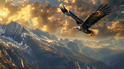 Fototapeta premium A majestic bald eagle soaring high above the rugged mountains of North America, with a dramatic sky in the background.
