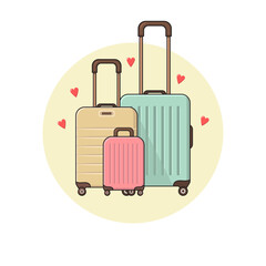 Vector Illustration of three Cute Cartoon Suitcases with Little Hearts around.