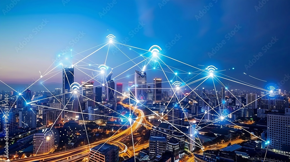Poster Smart city and intelligent communication network of things wireless connection technologies concept : Generative AI