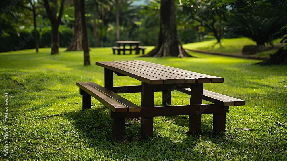 Poster park picnic table bench rest relax outdoors benches and tables on green grass in recreational area :