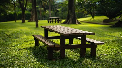 Fototapeta premium Park Picnic table bench rest relax outdoors Benches and tables on green grass in recreational area : Generative AI