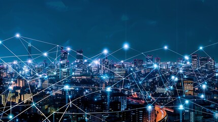 Smart city digital transformation development concept Band lights over modern urban cityscape at night New fast internet communication 5G technology Fiber Optics : Generative AI