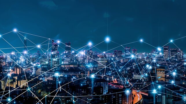 Smart city digital transformation development concept Band lights over modern urban cityscape at night New fast internet communication 5G technology Fiber Optics : Generative AI