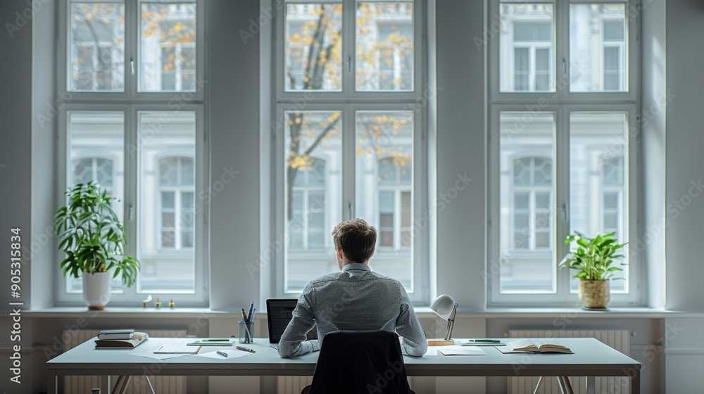 Poster man working at a desk in a bright office surrounded by windows during autumn afternoon. generative a