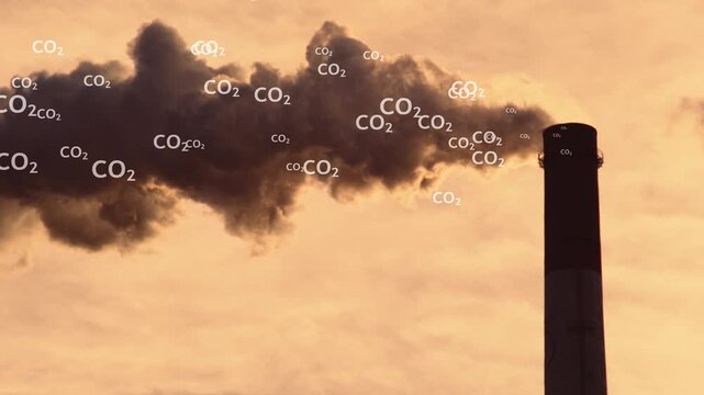 Concept of CO2 emission reduction, environment, global warming, sustainable development. Visualizing the problem of carbon dioxide emissions. Toxic smoke from the chimney of an industrial plant, 4K
