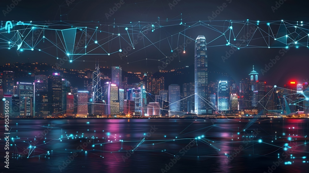 Fototapete Smart network and Connection technology concept Hong Kong digital city background at night in victoria harbour Cyberpunk color style Panorama view : Generative AI