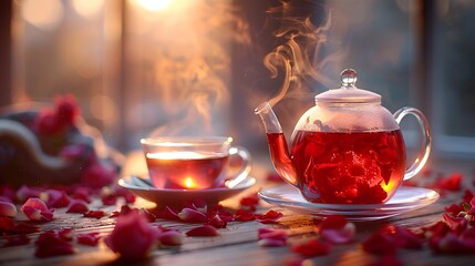 A steaming cup of red tea, glass teapot pouring, backlit, warm glow, bokeh background, clear glass teacup and saucer, rose petals scattered, soft focus, cozy atmosphere.