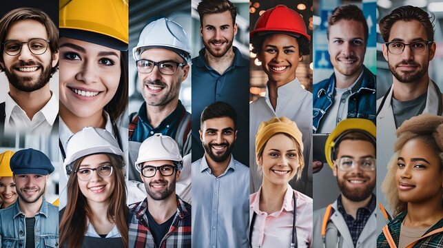 Many different professions collage Happy people portraits mix Lot smiling workers Joy employee team work Faces staff multi screen Various job split Young adult guy girl group Man race  : Generative AI
