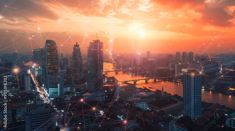 Poster Wireless network and Connection technology concept with Abstract Bangkok city background : Generative AI