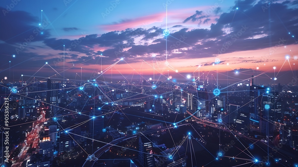 Aufkleber Global connection and the internet network modernization in smart city  Concept of future 5G wireless digital connecting and social media networking : Generative AI