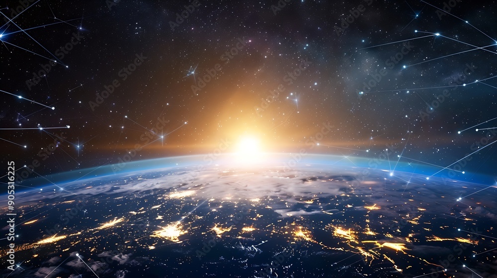 Poster global network connection covering earth with link of innovative perception concept of international