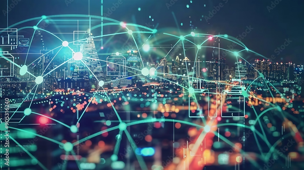 Fototapete Smart digital city with globalization abstract graphic showing connection network  Concept of future 5G smart wireless digital city and social media networking systems : Generative AI