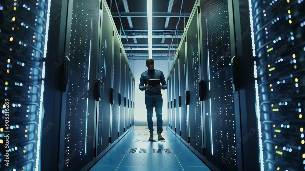 Aufkleber Male IT Specialist Walks Between Row of Operational Server Racks in Data Center Engineer Uses Tablet Computer for Maintenance Concept for Cloud Computing Artificial Intelligence Cybers : Generative AI