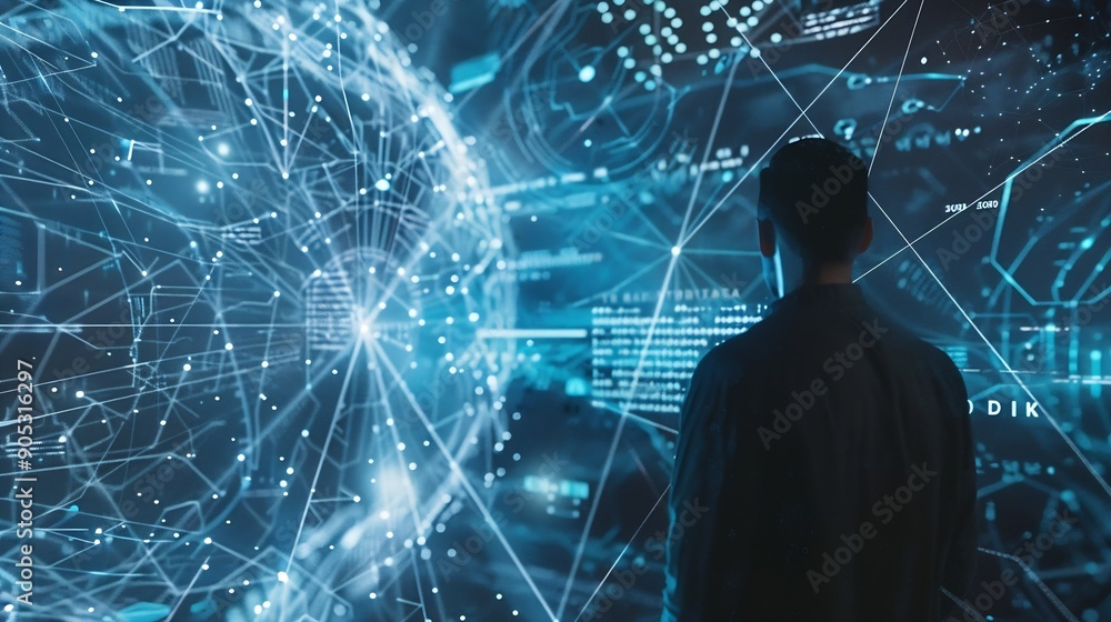 Poster Digital transformation internet network technology big data futuristic technology background man using computer with global network connection data link and exchange on virtual screen : Generative AI