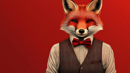 Portrait of a handsome fashionable fox. The fox is wearing a sleek vest and a bow tie, striking a confident and stylish pose.