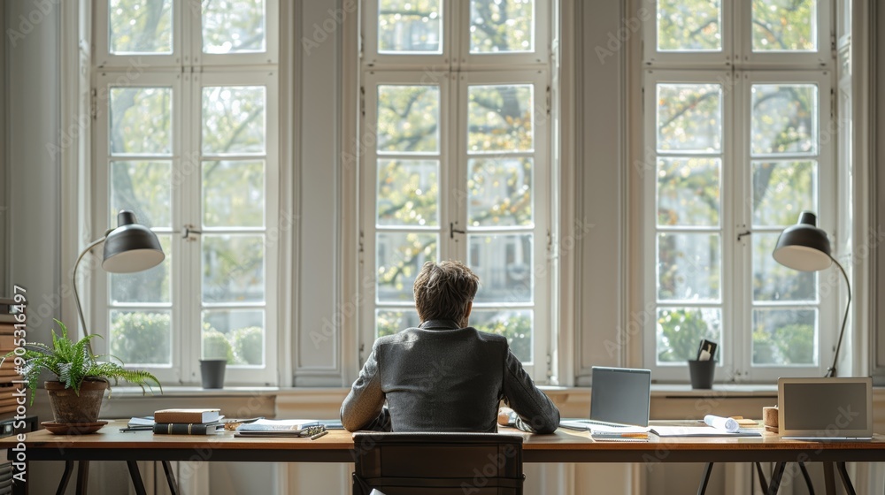 Poster professional office setting with individual working at desk during daylight. generative ai