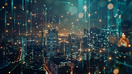 Fototapeta premium Wireless network and Connection technology concept with Abstract buildings and city background : Generative AI