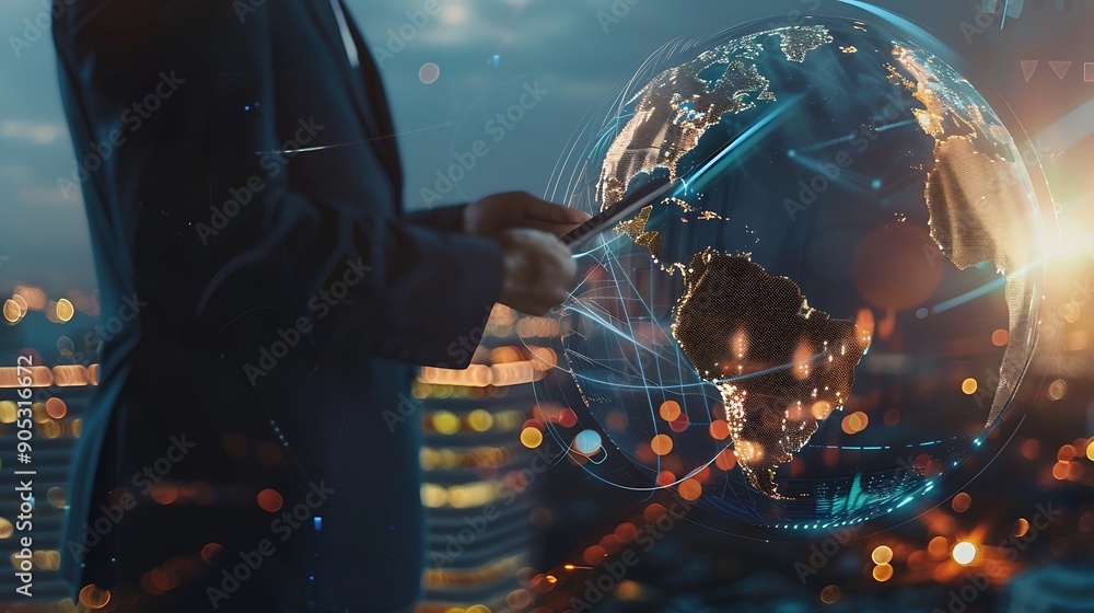 Aufkleber Global business digital technology social media marketing concept Business man using digital tablet computer with global internet connection and smart city business intelligence data s : Generative AI
