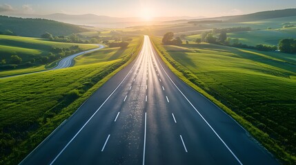 Aerial view of empty highway, early morning light, bright sunshine, golden hour glow, vibrant green fields, winding road through countryside, crisp white road markings.