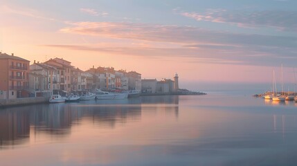 Obraz premium Serene Coastal City at Sunrise with Modern and Traditional Waterfront Buildings