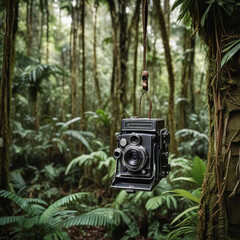 old camera on the wooden background