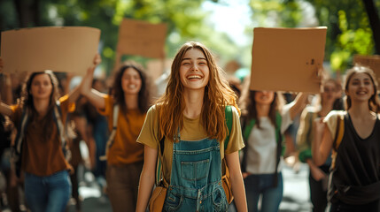A vibrant group of young activists passionately marching down a street, holding blank signs in their hands. The focus is on a joyful young woman in the foreground, leading the group with a bright smil