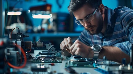 Technician looking at circuit board cutting machine milling machine lathe experimenting with electronics in industrial factory : Generative AI