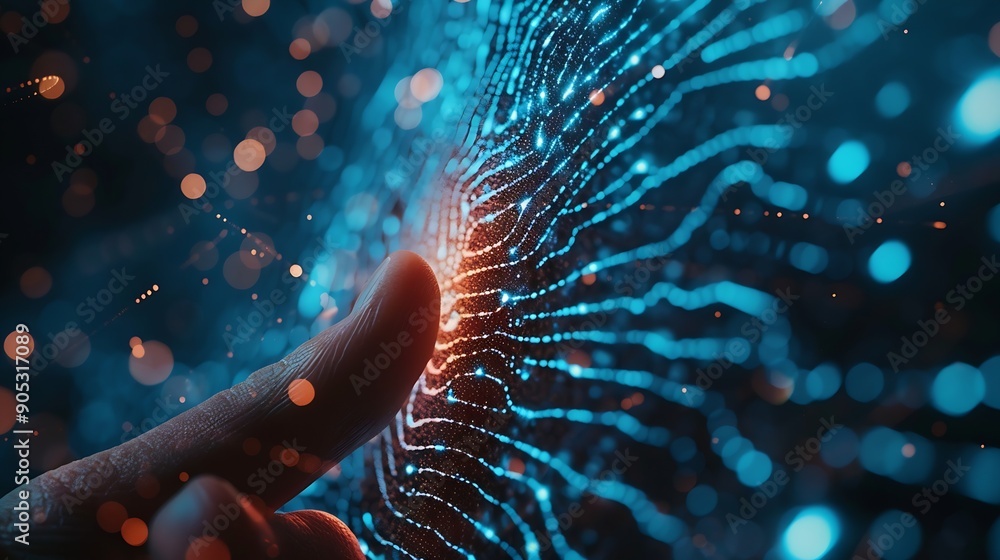 Fototapete Businessman using fingerprint scanning to unlock and access business information network Biometric identity and cyber security concept protecting business transactions from online digi : Generative AI