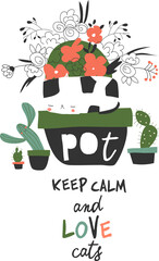 Cute funny cat sitting in a flower pot. Cartoon vector illustration