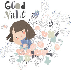 Cute girl sleeping in flowers on white background. Vector illustration