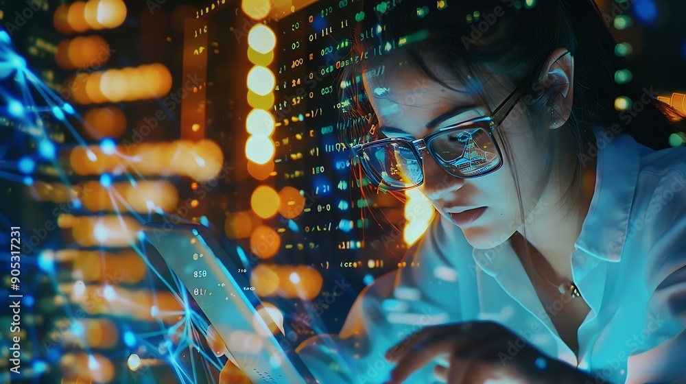 Aufkleber Software coding hologram and woman on tablet thinking of data analytics digital technology and night overlay Programmer or IT person in glasses on 3d screen programming and cybersecuri : Generative AI