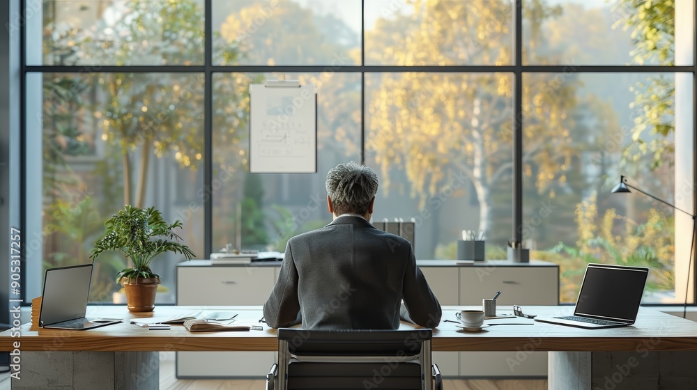 Poster professional man reflecting on work in modern office with large windows during autumn. generative ai