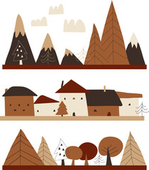 Cartoon autumn landscape with houses,mountains and trees. Vector illustration