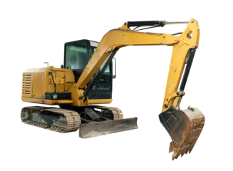 Fotobehang Vrachtwagen Excavator isolated on transparent background, PNG File.  © banphote
