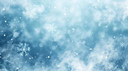 Fototapeta premium A snowy abstract background with soft, fluffy snowflakes gently falling against a light blue gradient. The delicate snowflakes create a serene and wintry atmosphere.