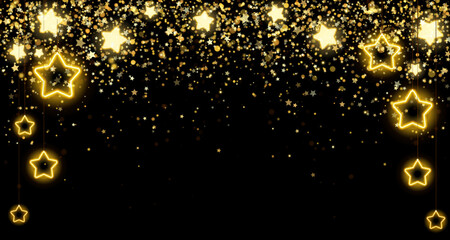Christmas background design with yellow glowing stars and gold glitter or confetti. Dark backdrop with space for text. Vector flyer or banner template.