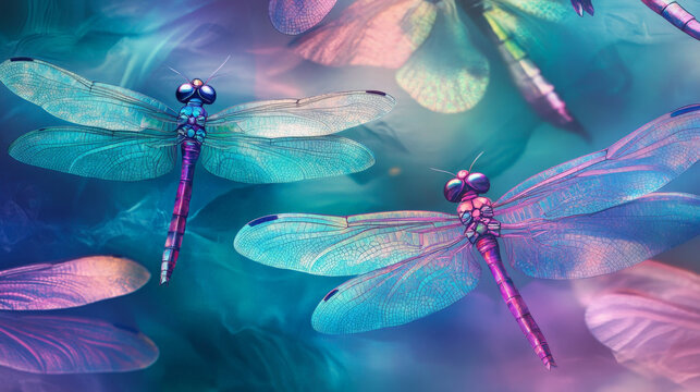 A pattern of colorful dragonflies with iridescent wings in shades of blue, green, and pink, creating an enchanting and whimsical background.