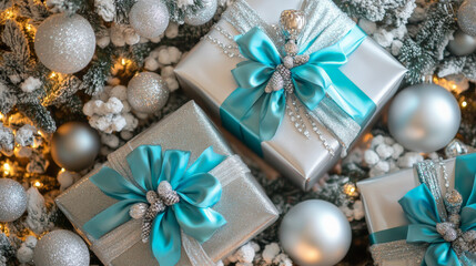 Top view of beautifully wrapped gift packages in silver and turquoise, adorned with luxurious ribbons, placed among exquisite tree trimmings and delicate ornaments. The scene radiates holiday splendor