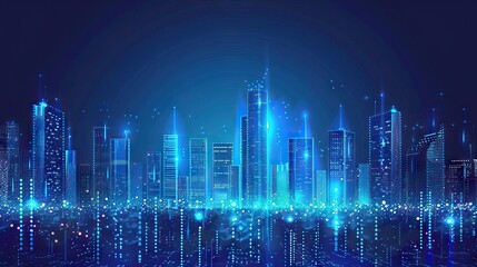Abstract City Skyline Glowing with Digital Lights. AI generated illustration.