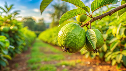 Guava branch closeup in fruit orchard background