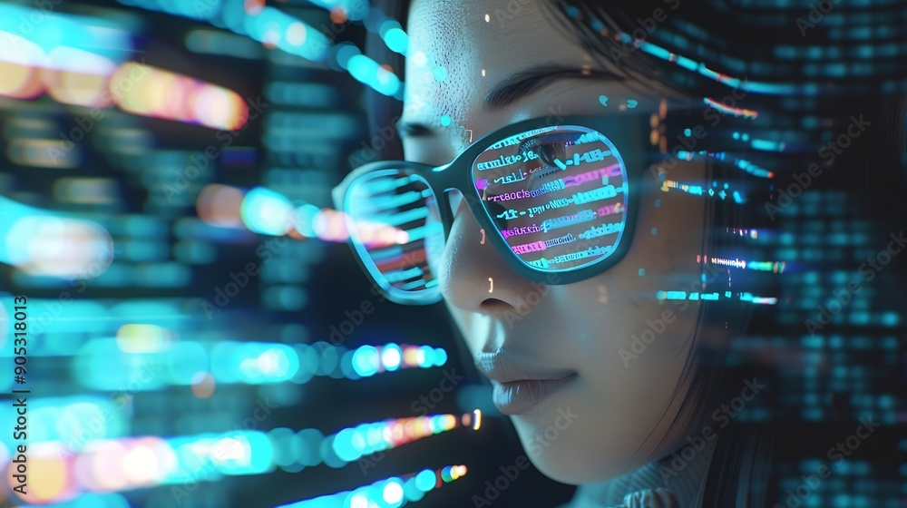 Poster Software data hologram and woman with code analytics information technology and gdpr overlay Programmer coding or IT person in glasses reading html script programming and cyber securit : Generative AI
