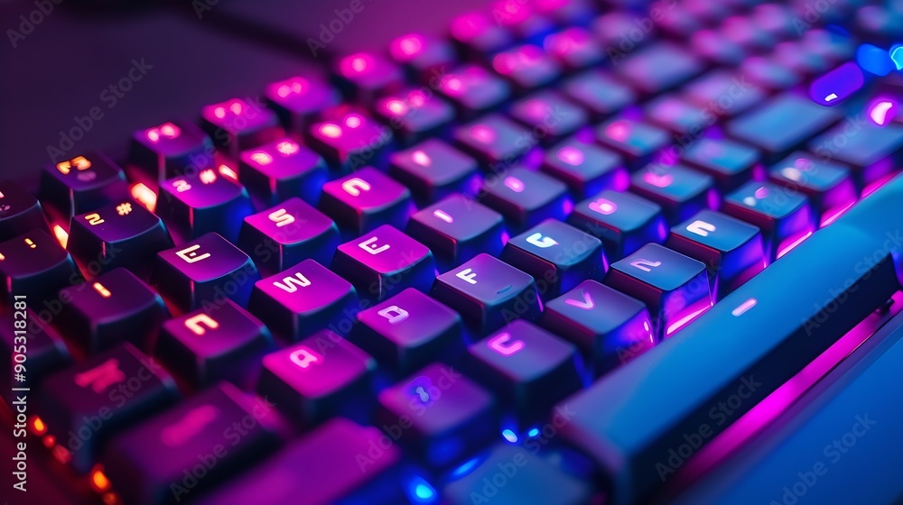 Aufkleber Working on a neon computer keyboard with colored backlighting Selected focus Computer video games hacking technology internet concept Selected focus : Generative AI