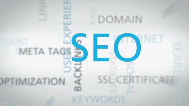 SEO word cloud animation on white background, business, search engine optimazion, concept cloud chart