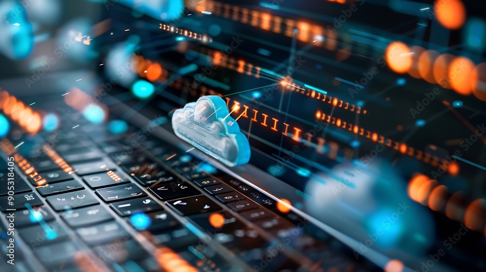 Fototapete Internet network technology IoT digital software development computer code modern tech concept Internet network with wireless connection cloud computing computer script on laptop : Generative AI